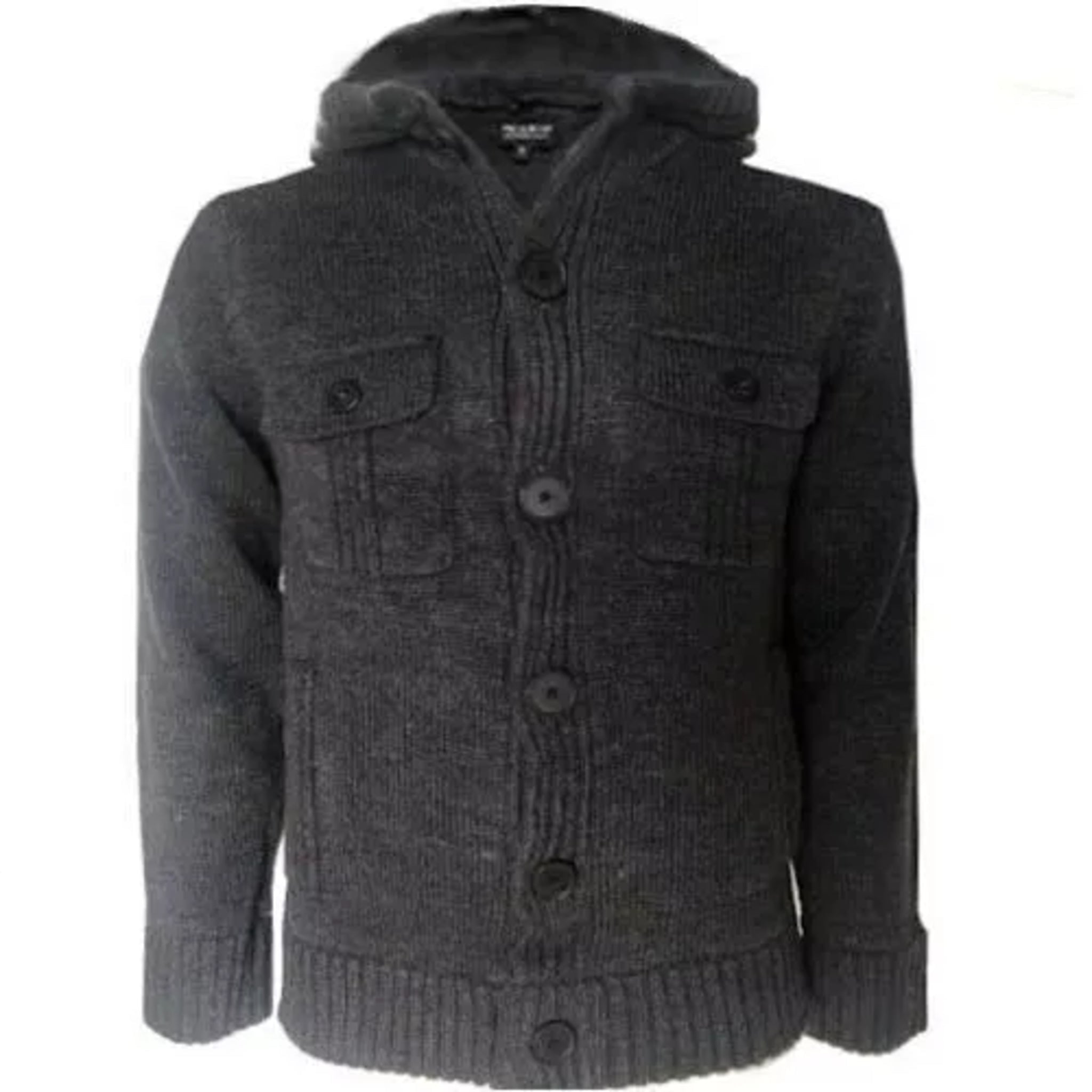 Men's Pull & Bear branded dark grey knitted cardigan with hood, button front and chest pockets